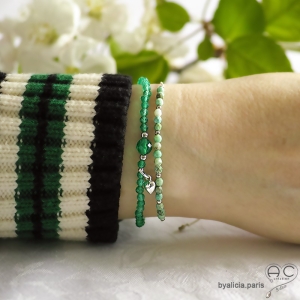 Bracelet très fin agate verte et argent massif, petites pierres naturelles sur un cordon, fait main, création by Alicia
