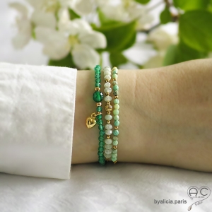 Bracelet très fin agate verte menthe et plaqué or, petites pierres naturelles sur un cordon, fait main, création by Alicia