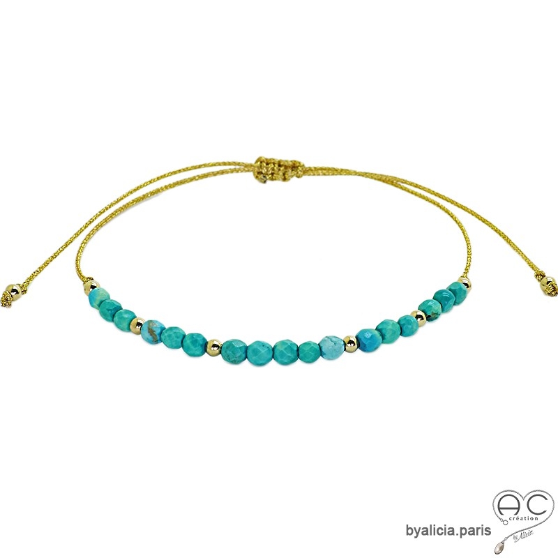 Bracelet très fin turquoise et plaqué or, petites pierres naturelles sur un cordon, fait main, création by Alicia