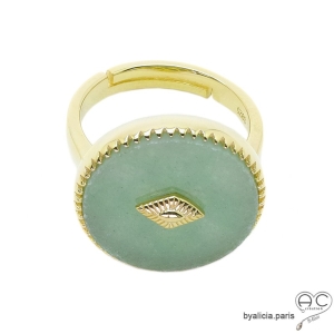 Bague aventurine ronde sur anneau fin réglable en plaqué or, pierre naturelle verte 