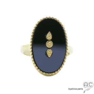 Bague onyx ovale sur anneau fin réglable en plaqué or, pierre naturelle noire 