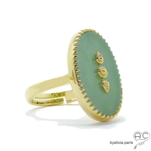 Bague aventurine ovale sur anneau fin réglable en plaqué or, pierre naturelle verte