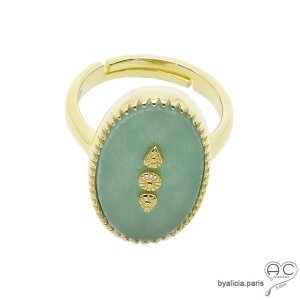 Bague aventurine ovale sur anneau fin réglable en plaqué or, pierre naturelle verte