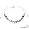 Bracelet fin saphir d\'eau (iolite) et pampilles en argent massif, pierre naturelle sur un cordon, fait main, création by Alicia
