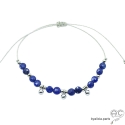 Bracelet fin lapis-lazuli et pampilles en argent massif, pierre naturelle sur un cordon, fait main, création by Alicia