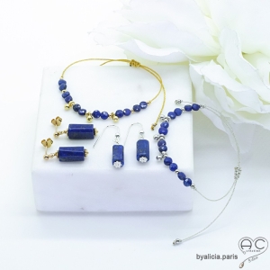 Bracelet fin lapis-lazuli et pampilles en argent massif, pierre naturelle sur un cordon, fait main, création by Alicia