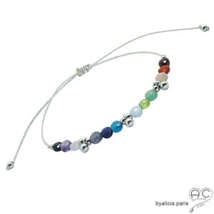 Bracelet fin pierres multicolores et pampilles en argent massif, pierre naturelle sur un cordon, fait main, création by Alicia