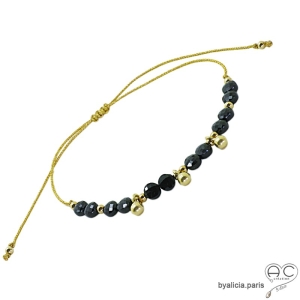 Bracelet fin spinelle noire et pampilles en plaqué or, pierre naturelle sur un cordon, fait main, création by Alicia