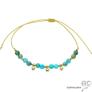 Bracelet fin turquoise véritable et pampilles en plaqué or, pierre naturelle sur un cordon, fait main, création by Alicia