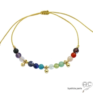 Bracelet fin pierres multicolores et pampilles en plaqué or, pierre naturelle sur un cordon, fait main, création by Alicia
