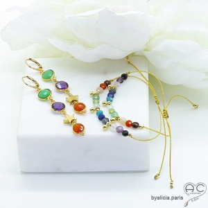 Bracelet fin pierres multicolores et pampilles en plaqué or, pierre naturelle sur un cordon, fait main, création by Alicia