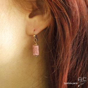 Boucles d'oreilles rhodochrosite, plaqué or 750 3MIC, pierre naturelle rose forme baroque, fait main, création by Alicia
