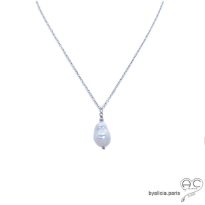 Collier pendentif perle baroque sur une chaîne en argent massif, rhodié ras de cou, fait main, création by Alicia