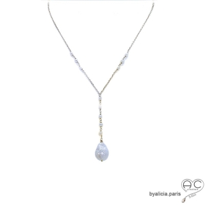 Collier perle baroque sur une chaîne en plaqué or avec perles d'eau douce,  cravate ras de cou, fait main, création by Alicia