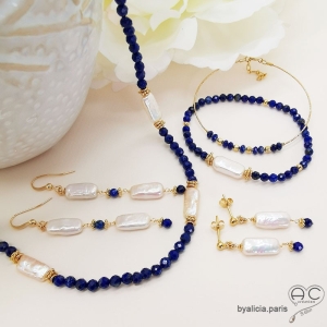 Bracelet perle baroque et lapis-lazuli, pierre naturelle bleue, fait main, création by Alicia 