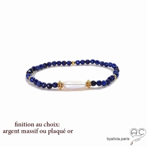 Bracelet perle baroque et lapis-lazuli, pierre naturelle bleue, fait main, création by Alicia 