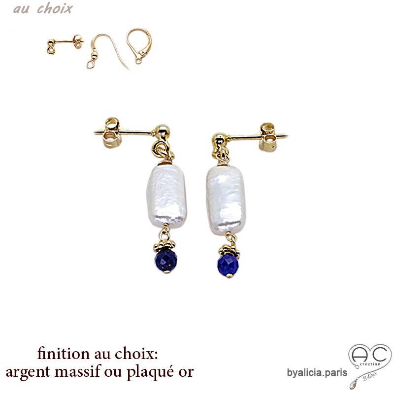 Boucles d'oreilles pendantes, perle baroque et lapis-lazuli, fait main, création by Alicia 