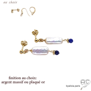 Boucles d'oreilles pendantes, perle baroque et lapis-lazuli, fait main, création by Alicia 