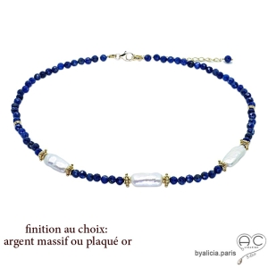 Collier lapis-lazuli et  perle baroque, pierre naturelle blue, fait main, création by Alicia 