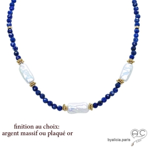 Collier lapis-lazuli et  perle baroque, pierre naturelle blue, fait main, création by Alicia 