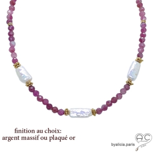 collier perle baroque tourmaline rose pierre naturelle plaqué or 750 3MIC argent massif 925 fait main création by Alicia