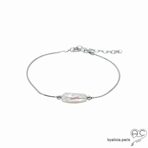 Bracelet fin avec perle baroque longue sur une chaîne en argent massif rhodié, fait main, création by Alicia