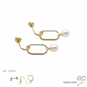 Boucles d\'oreilles, anneau ovale avec pampille en perle de culture, plaqué or, pendantes, création by Alicia
