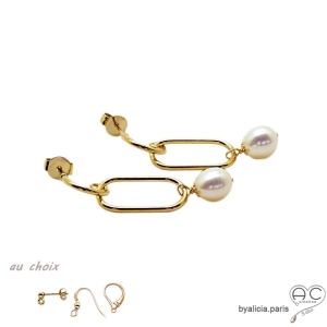 Boucles d'oreilles, anneau ovale avec pampille en perle de culture, plaqué or, pendantes, création by Alicia