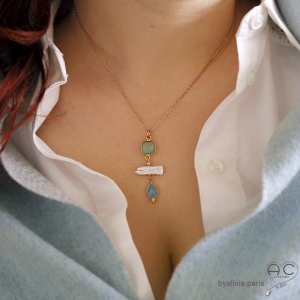 Collier, pendentif calcédoine et perle de culture baroque bâton, plaqué or, pierre naturelle bleue, création by Alicia