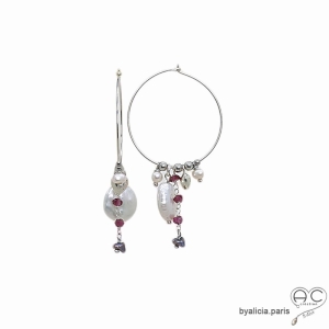 Créoles perle baroque plate, pampilles, argent massif, boucles d'oreilles faits main, création by Alicia