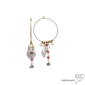 Créoles perle baroque plate, pampilles, plaqué or, boucles d'oreilles faits main, création by Alicia