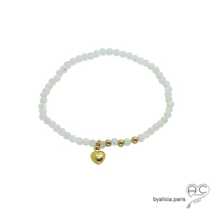 Bracelet fin nacre blanche et pampille coeur en plaqué or, fait man, création by Alicia
