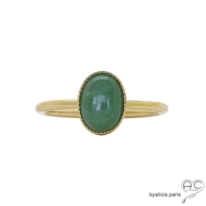 Bague aventurine pierre naturelle semi-précieuse verte ovale cabochon anneau fin plaqué or femme