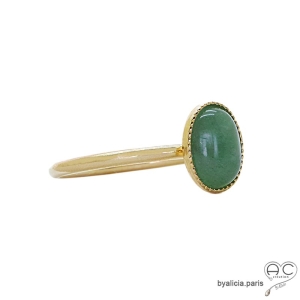 Bague aventurine pierre naturelle semi-précieuse verte ovale cabochon anneau fin plaqué or femme