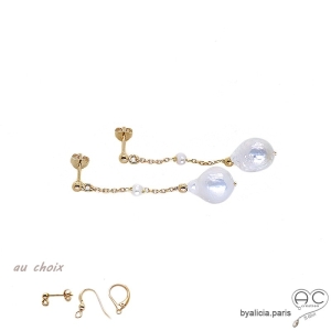 Boucles d'oreilles perle baroque, chaîne en plaqué or avec perle d'eau douce, longues, pendantes, fait main, création by Alicia