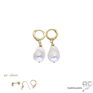 Boucles d'oreilles perle baroque et plaqué or, pendantes, courtes, tendance, fait main, création by Alicia