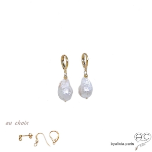 Boucles d'oreilles perle baroque et plaqué or, pendantes, courtes, tendance, fait main, création by Alicia