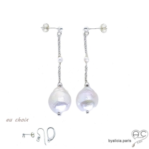 Boucles d'oreilles perle baroque, chaîne argent massif rhodié, perle d'eau douce, longues, fait main, création by Alicia