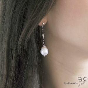 Boucles d'oreilles perle baroque, chaîne argent massif rhodié, perle d'eau douce, longues, fait main, création by Alicia