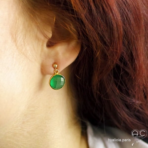 Boucles d'oreilles agate verte ronde, plaqué or, fait main, création by Alicia