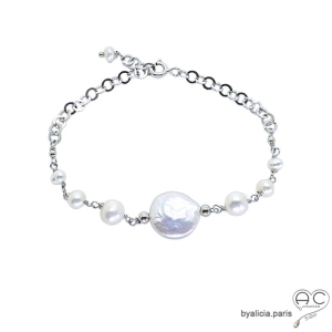 Bracelet perle baroque et perles de culture, chaine argent massif rhodié, fait main, création by Alicia