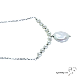 Collier perle baroque entouré des petites perles de culture, argent massif, fait main, création by Alicia
