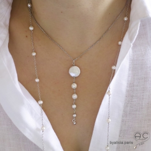 Collier, pendentif long, perle baroque et perles de culture, argent massif, fait main, création by Alicia