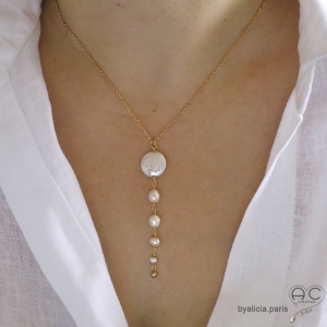 Collier, pendentif long, perle baroque et perles de culture, plaqué or, fait main, création by Alicia