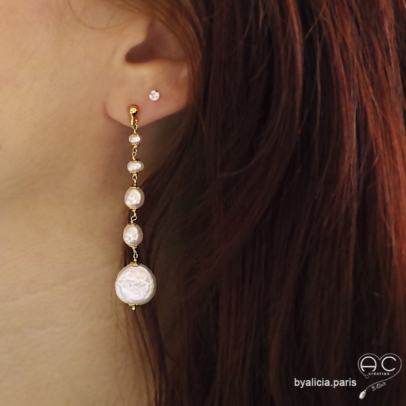 Boucles d'oreilles longues, perles de culture et perle baroque, plaqué or, fait main, création by Alicia