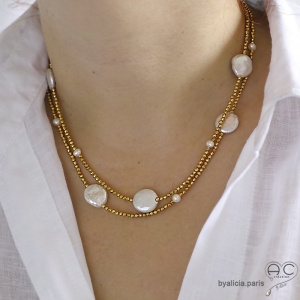 Sautoir - collier double rang en pyrite doré, perle baroque et petites perles de culture, fait main, création by Alicia