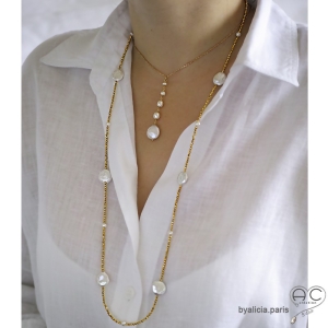 Sautoir - collier double rang en pyrite doré, perle baroque et petites perles de culture, fait main, création by Alicia