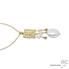 Collier, pendentif  perle baroque et carré arabesque en plaqué or avec pampilles, fait main, création by Alicia
