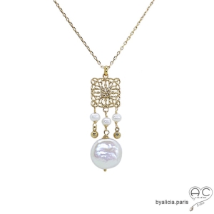 Collier, pendentif  perle baroque et carré arabesque en plaqué or avec pampilles, fait main, création by Alicia
