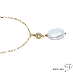 Collier, pendentif perle baroque et brillant, plaqué or, fait main, création by Alicia